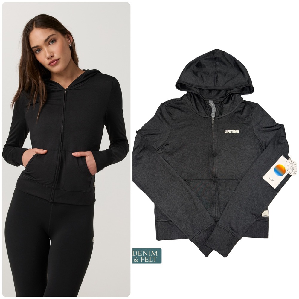 NEW Vuori Halo Mini Full Zip Hoodie Long Black Heather DreamKnit "Life Time"